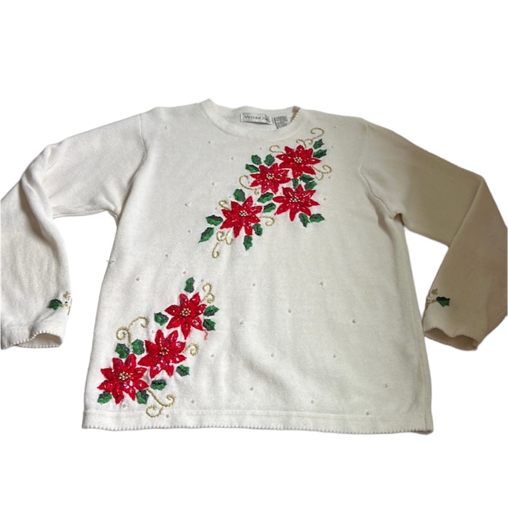 Victoria Jones Woman’s Embroidered Flower Knit Sweater Large Ramie